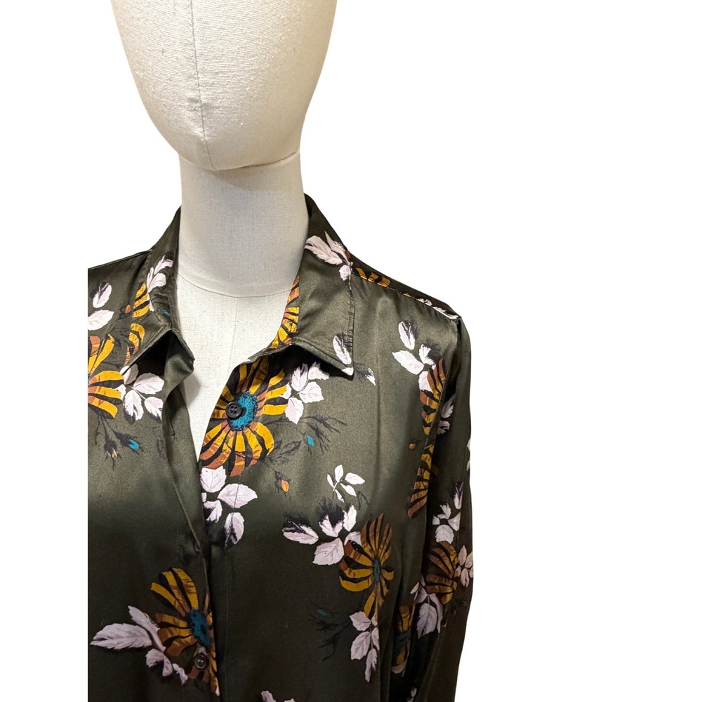 Eleanor Leftwich Green Floral Satin Maxi Shirt Dress Womens XXL Excellent